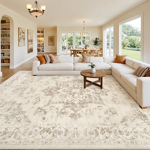 10x14 Area Rug for Living Room: Vintage Boho Neutral Washable Rug Indoor Soft by Luxturiy
