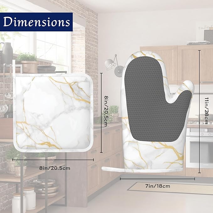 White Gold Marble Pot Holders and Oven Mitts Set Silicone Abstract Marble - Image 2