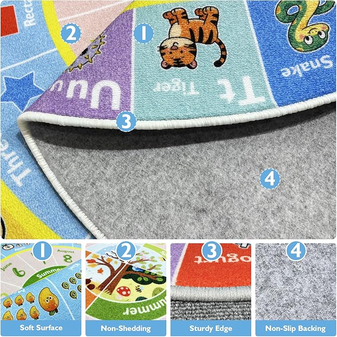 ABC Kids Rug for Playroom, 5ft Round Alphabet Small Classroom Rug, Non-Slip - Image 2
