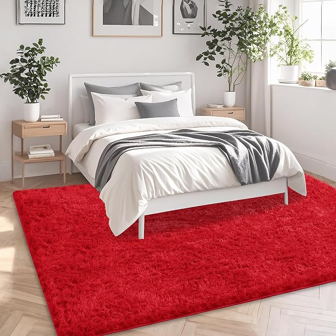 5x7 Red Area Rugs for Living Room, Fluffy Shag Rug for Bedroom Nursery - Image 3