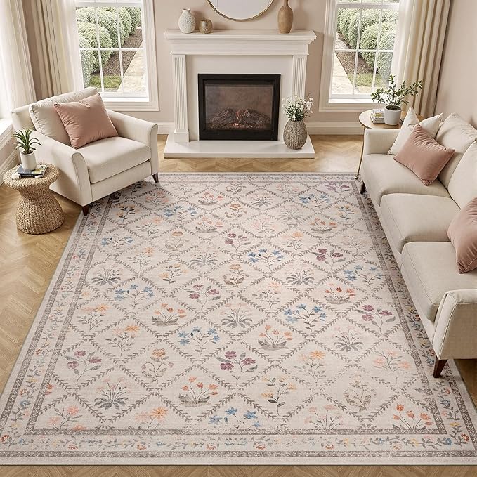 DCX Washable 4x6 Rose Biege Floral Rug - Image 2