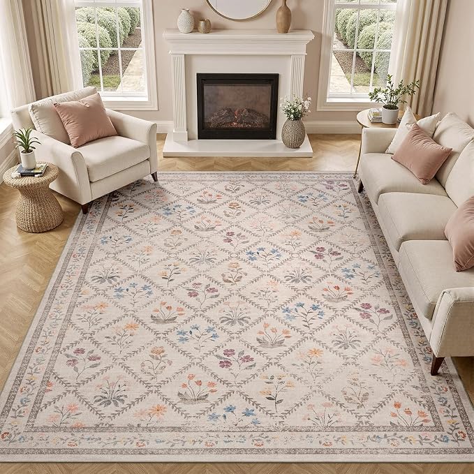 DCX Washable 6x9 Rose Biege Floral Rug - Image 3