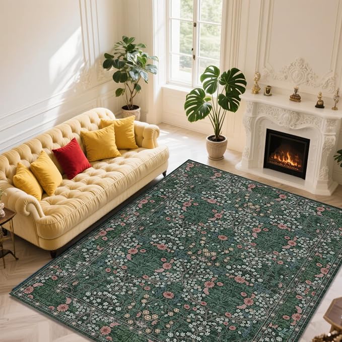 Vintage Green Living Room Rug, 8x10 Washable Area Rugs - Image 2