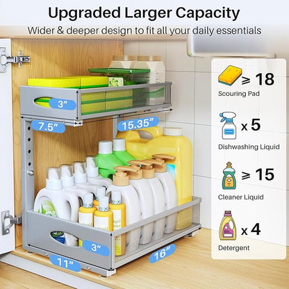 Under Sink Organizer, 2 Pack 2 Tier Pull Out Under Cabinet Organizer Shelf - Image 4