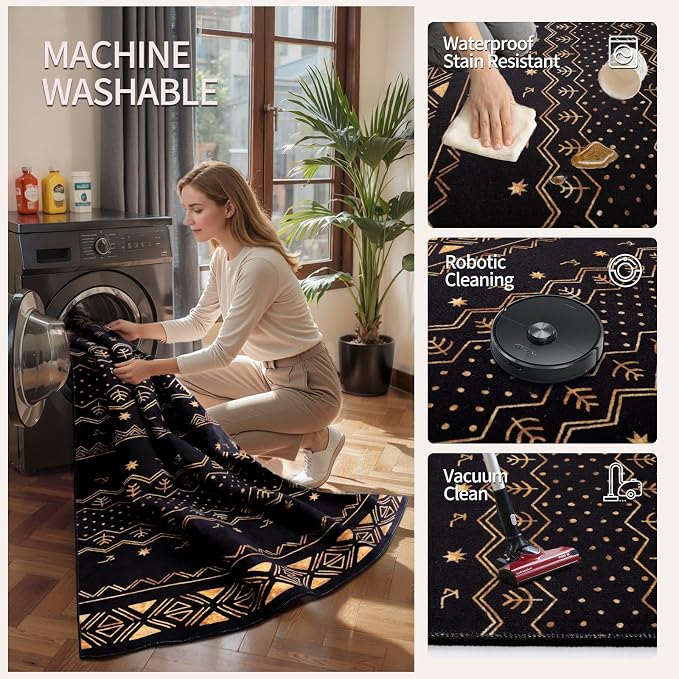 SERISSA Hallway Runner Rug, 2x10 Washable Non-Slip Black and Gold Boho Rug - Image 4