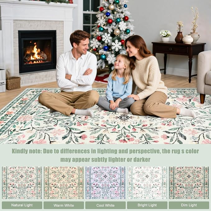 Round Area Rug for Living Room: 4 ft Floral Washable Circle Rug Soft Non-Slip - Image 9