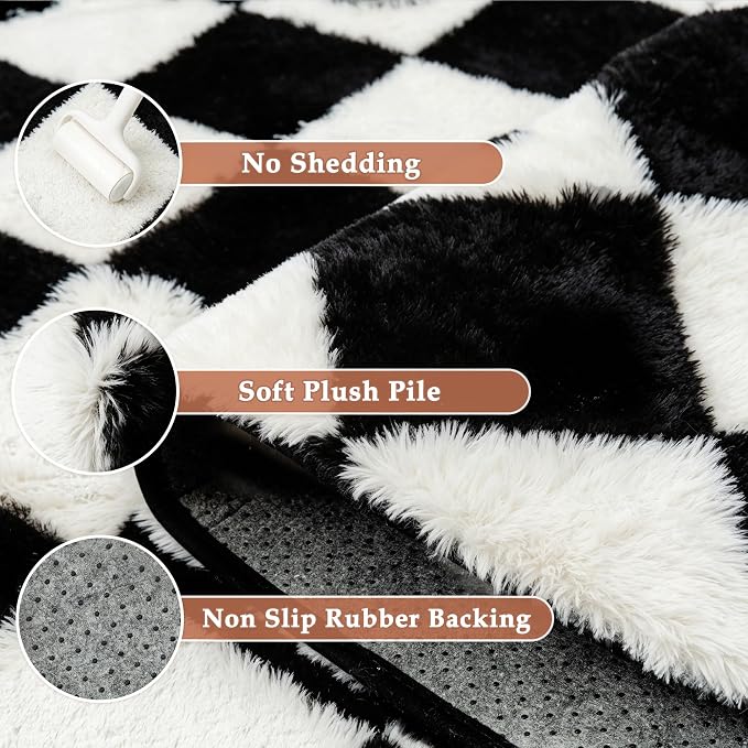 PureCozy Checkered Rug 5x7 Fluffy Shag Living Room Black and White Area Rug - Image 6