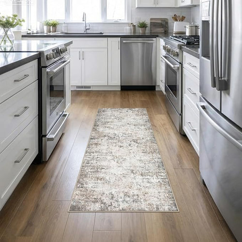 2'x6' Runner Rug Washable Rug: Modern Abstract Soft Thin Runner Rug Brown Grey by FXRHLP