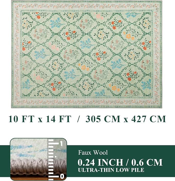 YIHOUSE Green Floral Print Rugs, Moroccan Trellis 10x14 Washable Large Rug - Image 8
