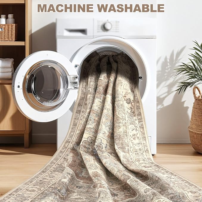 6x9 Washable Area Rug: Vintage Neutral Soft Non Slip Thin Large Floor Carpet - Image 5