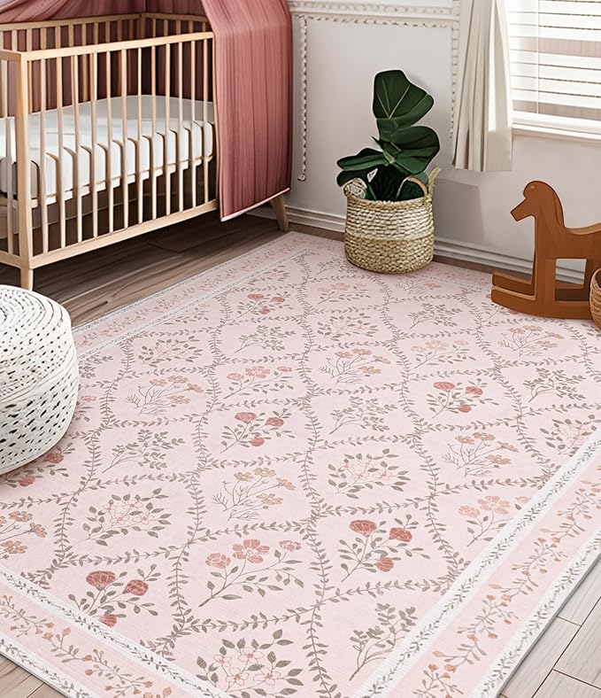 YIHOUSE 5x7 Pink Floral Rug for Bedroom Girls, Washable Area Rugs for Living - Image 3