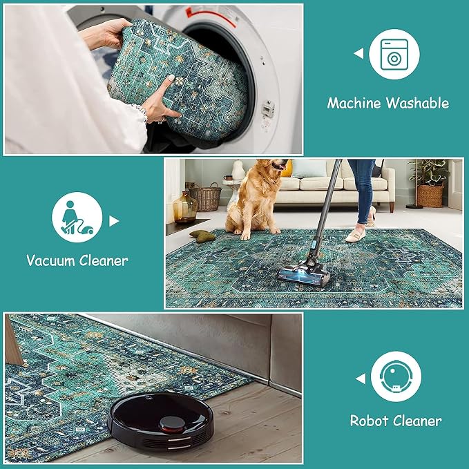 Moynesa 2x4 Teal Vintage Floral Medallion Runner Rug - Image 4