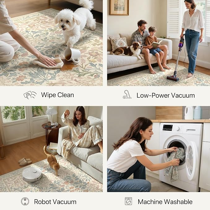 GENIMO 6x9 Washable Area Rug, Non-Slip Vintage Boho Floral Carpet, Soft - Image 7