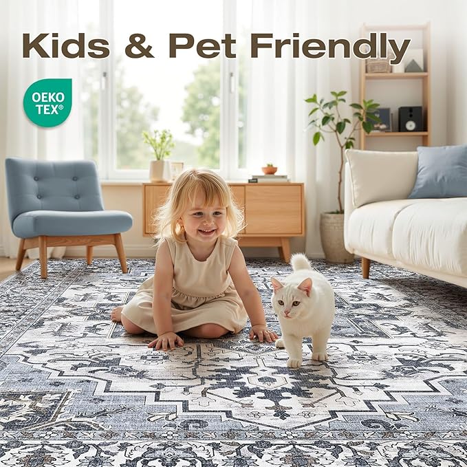 5x7 Area Rugs Living Room: Washable Vintage Rug Large Non-Slip Stain Resistant - Image 3