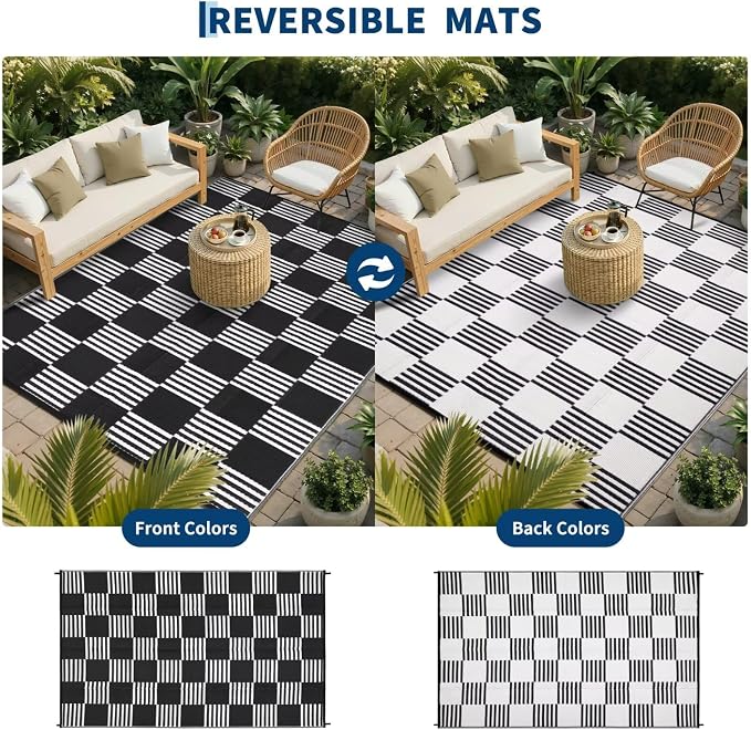 Garvee Waterproof Outdoor Rug 8x10, Checkered Foldable Plastic Straw Patio - Image 3