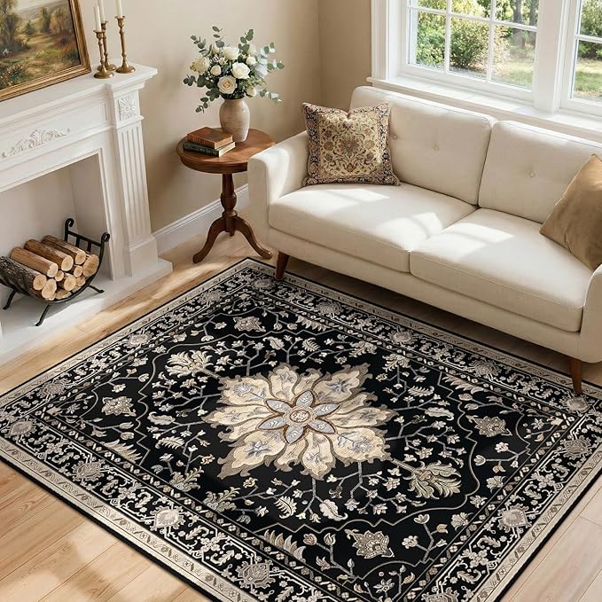 RELEANY Area Rugs 4'x6' Washable Non-Slip, Floral Vintage Distress Medallion by RELEANY