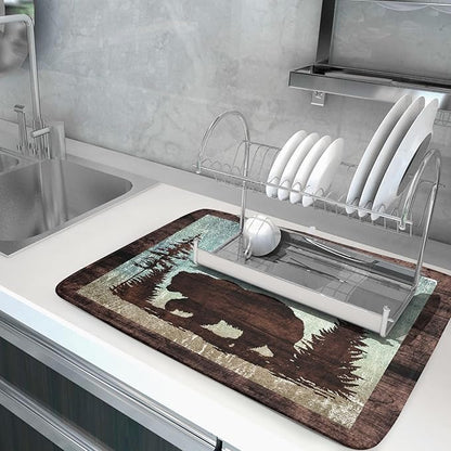 Giwawa Retro Brown Bear Forest Cabin Dish Drying Mat Countertop 18x24 Fall Blue - Image 5