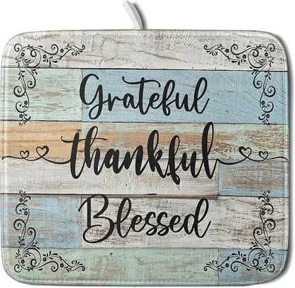 Rustic Wood Dish Drying Mat 16x18 Inch Grateful Thankful Blessed Kitchen by Giwawa