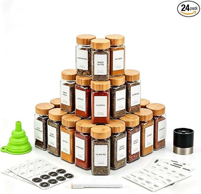 24-Pack Glass Spice Jars with Bamboo Lids, 4 Oz Clear Square Spice Containers by forhaodejia
