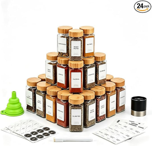 24-Pack Glass Spice Jars with Bamboo Lids, 4 Oz Clear Square Spice Containers by forhaodejia