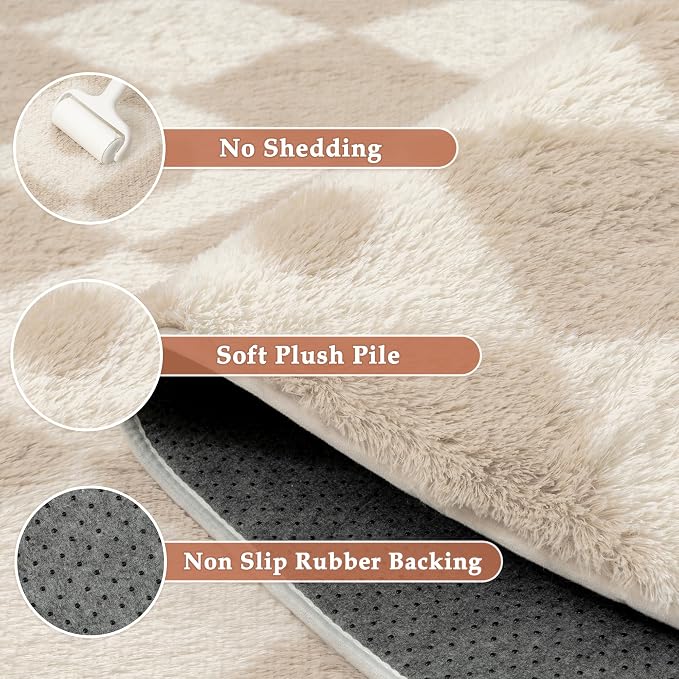 PureCozy Checkered Rug 6x9 Fluffy Shag Living Room Beige Area Rug Modern - Image 6