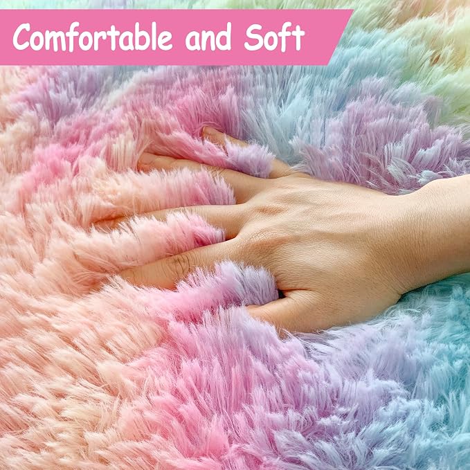 Shaggy Unicorn Rugs for Girls Bedroom Colorful Rainbow Rug for Girls Room 2x8 - Image 5