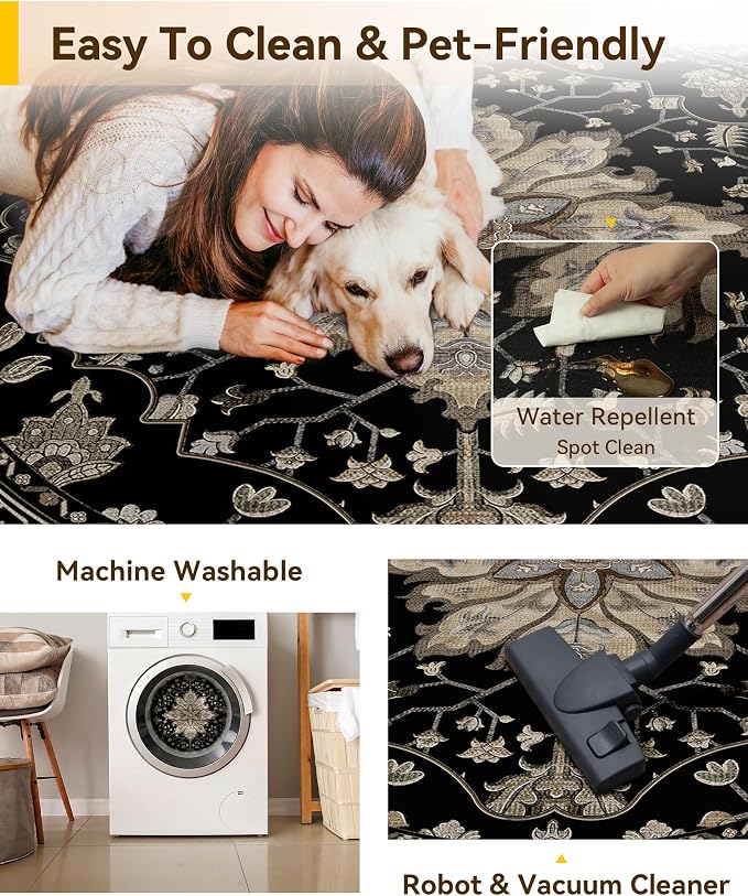 RELEANY Area Rugs Round 5ft Washable Non-Slip, Floral Vintage Distress - Image 4