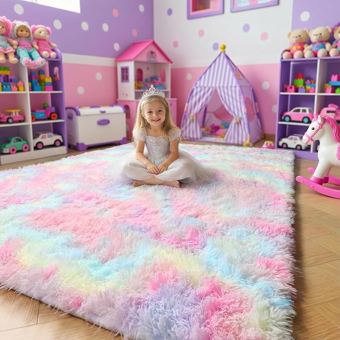 Rainbow Fluffy Kids Rugs for Girls Bedroom, Unicorn Room Decor Aesthetic - Image 5