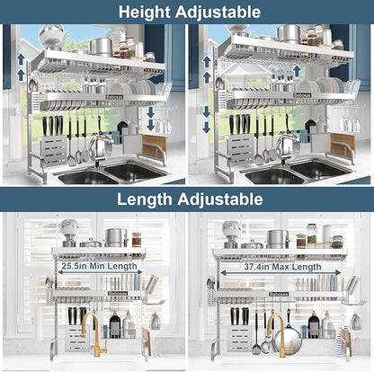 Over The Sink Dish Drying Rack, 3 Tier Adjustable Length Full Stainless Steel - Image 4