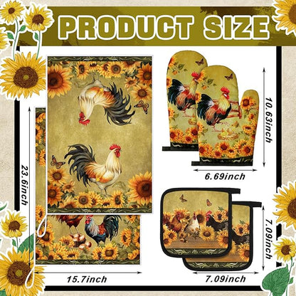 Leinuosen 6 Sunflower Rooster Farmhouse Kitchen Decor Dish Towels Oven Mitts - Image 3