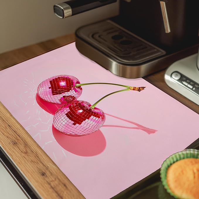 Pink Cherry Disco Ball Dish Drying Mat, Preppy Glam Cherries Coffee Bar Mat - Image 5