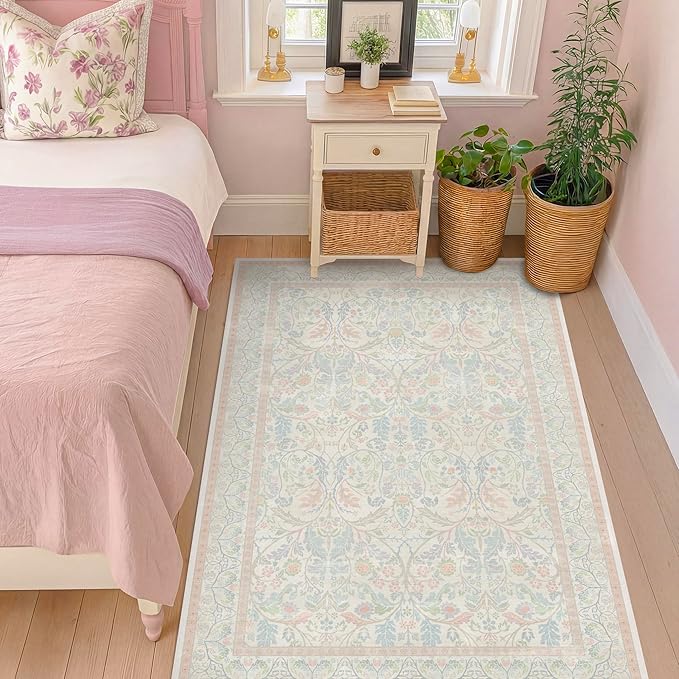 Cottagecore Floral 4x6 Pink and Blue Girls Vanity Rug - Image 3