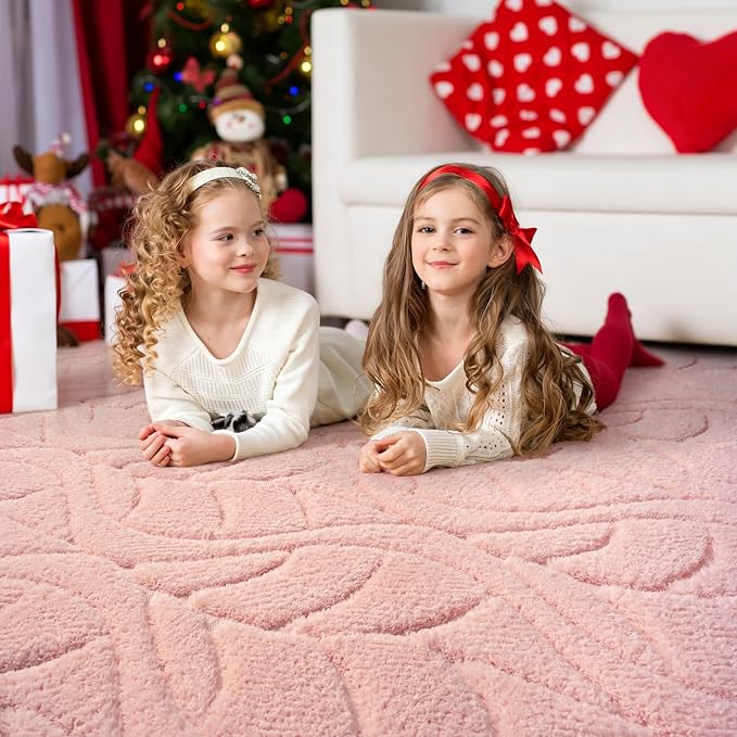 6x9 Pink Washable Area Rug for Bedroom Living Room, Leaf Geometric Patter Shag - Image 3