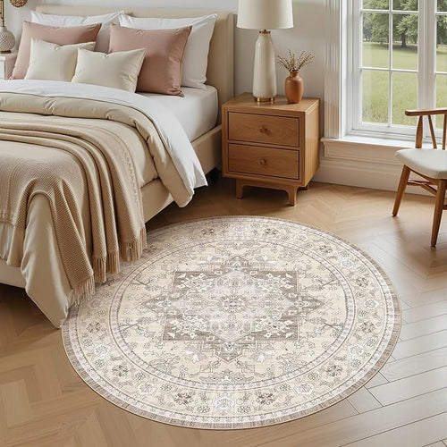 8ft Round Area Rug: Washable Vintage Neutral Soft Non Slip Thin Large Floor - Image 2