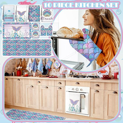 Fourluoo 10 Pcs Mermaid Kitchen Dish Towels Rugs Oven Mitts and Pot Holders Set - Image 2