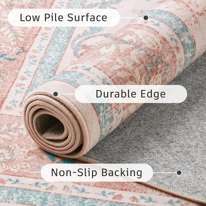 DCX 5x7 Pink Vintage Floral Rug, Machine Washable Non Slip Low Pile Carpet - Image 5