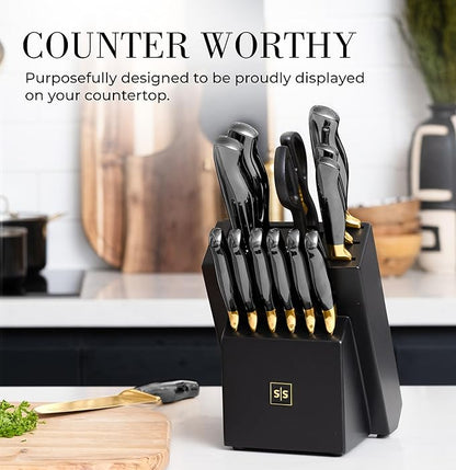 Black and Gold Knife Set with Block and Sharpener – 14-Piece Full Tang Golden - Image 2
