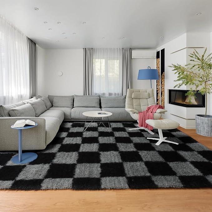 KICMOR Checkered Rugs for Living Room 5x8 Black and Grey, Fluffy Fuzzy Plush - Image 5
