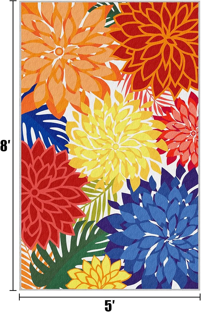 Colorful 5x8 Outdoor Area Rug Washable Multicolored Patio Rug Tropical - Image 2