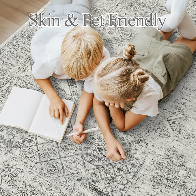 Soalmost 5x7 Area Rugs Grey Low Pile Indoor Washable Trendy Faded Style Floral - Image 6