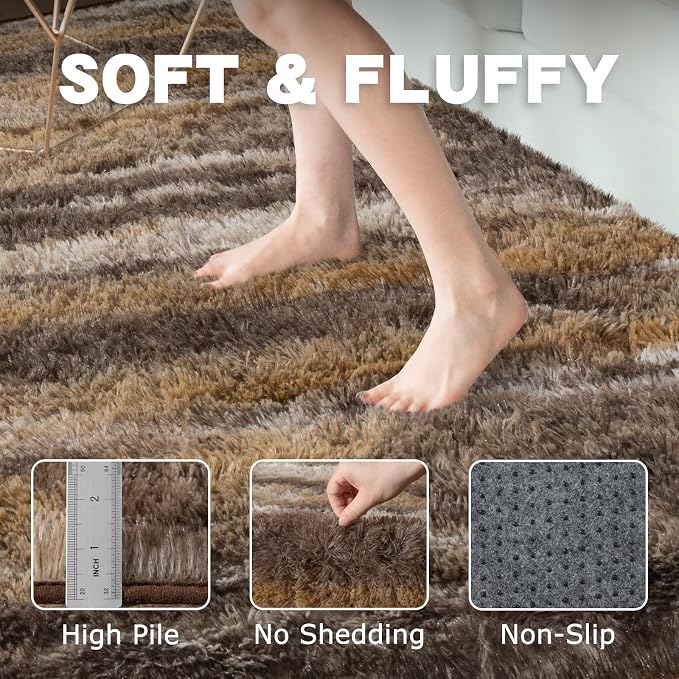 9x12 Fluffy Shag Area Rugs, Ultra Soft Non-Slip Abstract Brown Plush Carpet - Image 5