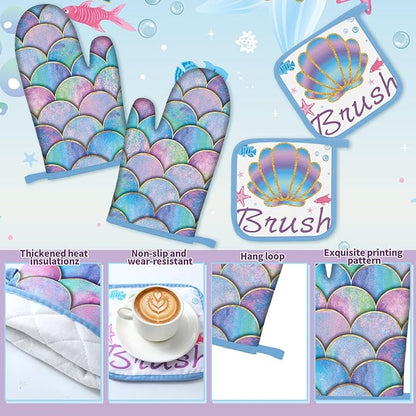 Fourluoo 10 Pcs Mermaid Kitchen Dish Towels Rugs Oven Mitts and Pot Holders Set - Image 5