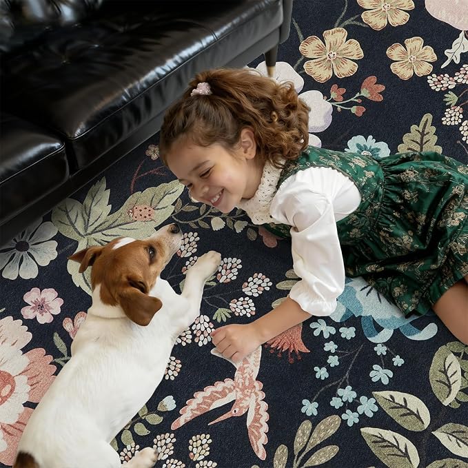 DCX Black Floral Rug 8x10, Washable Black Rug - Image 5