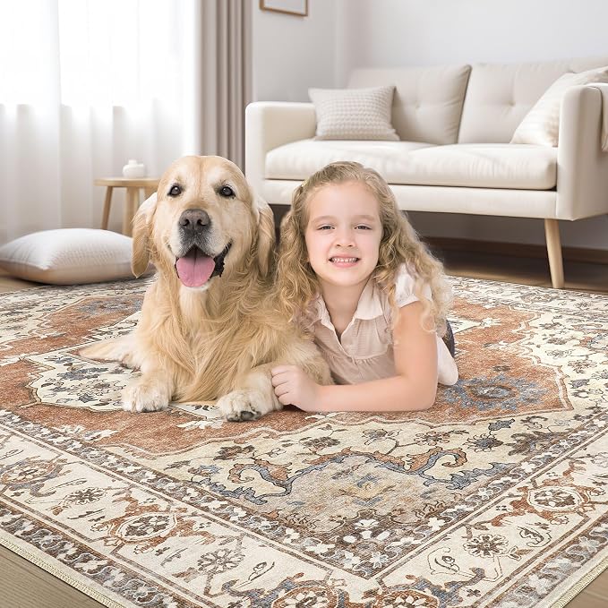 10x12 Washable Area Rug: Vintage Neutral Soft Non Slip Thin Large Floor Carpet - Image 6