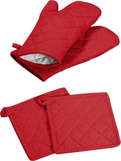 Oven Mitt + Pot Holder 100% Cotton Heat Resistant Kitchen Oven Gloves & Hot Pads by SoftopiaCotton