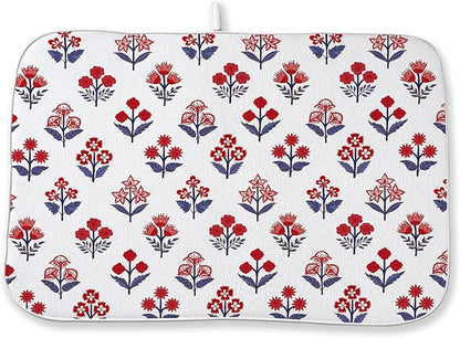 Red Blue Dish Drying Mat 18x24 Inch Vintage Boho Block Print Floral Drying Mat by DAFENA