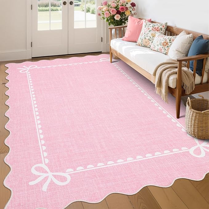 GarveeHome Scalloped Bow Rug for Living Room, Solid Pink Rug for Dorm, Washable - Image 8