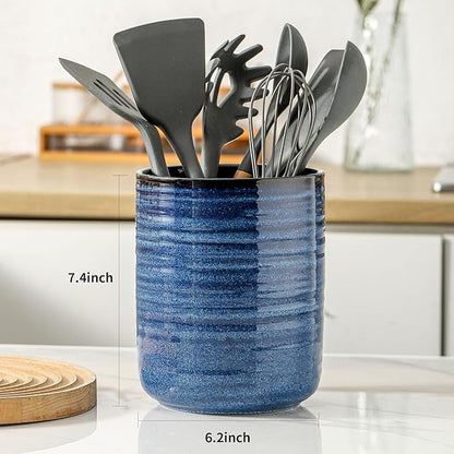 HASENSE Ceramic Kitchen Utensil Holder, 7.4" x 6.2" Large Countertop Utensil - Image 2