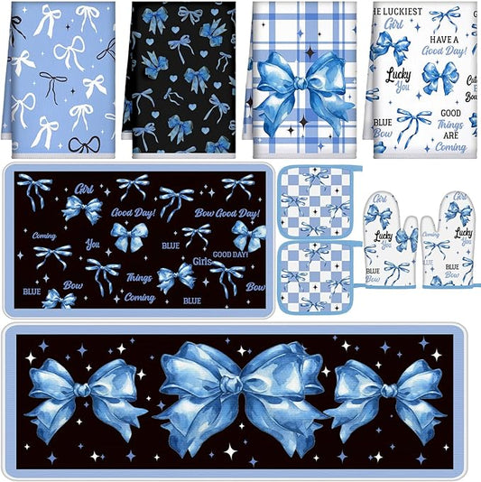 Fourluoo 10 Pcs Blue Bow Kitchen Decor Set Dish Towels Kitchen Rugs Oven Mitts by Fourluoo