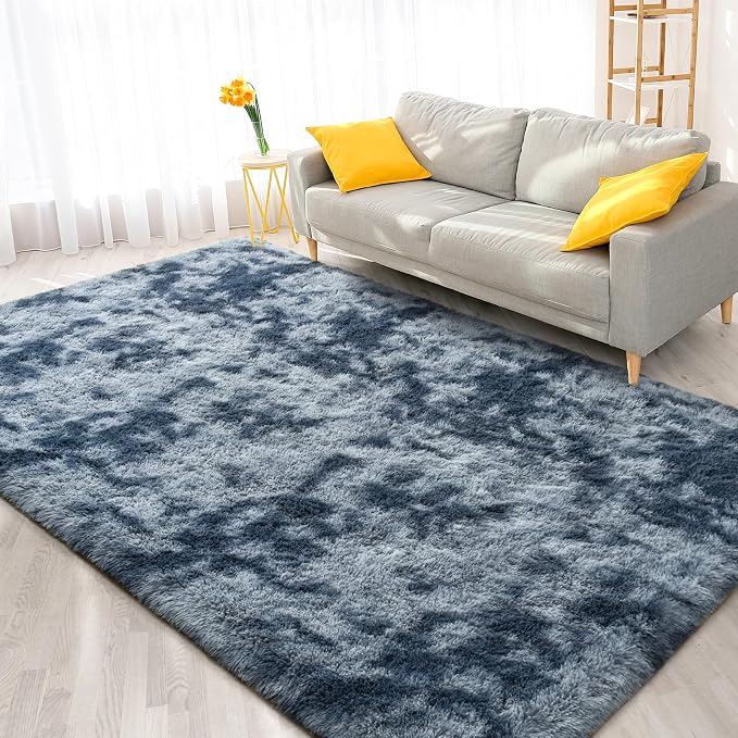 FlyDOIT Large Area Rugs for Living Room, 5x8 Feet Tie-Dyed Blue Grey Shaggy Rug - Image 8